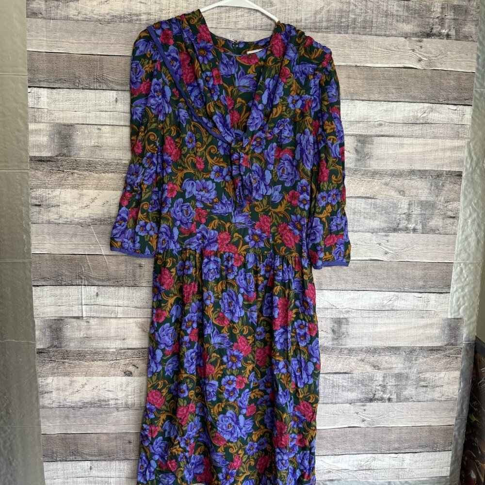 Vintage 80s Lanz Originals Floral Prairie Dress Size 12 Pockets Shaw Modest USA